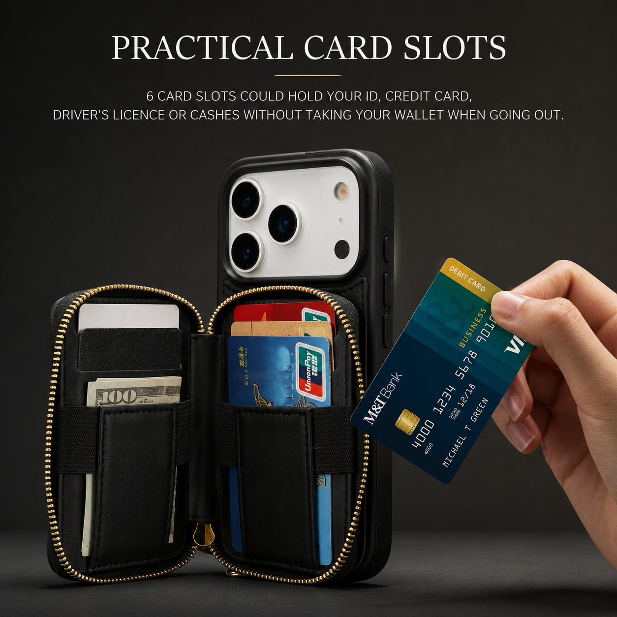 Premium iPhone Case Crossbody Wallet Cover RFID Protection Card Holder Zipper Handbag Kickstand Wrist Strap Lanyard Protective Folio Design