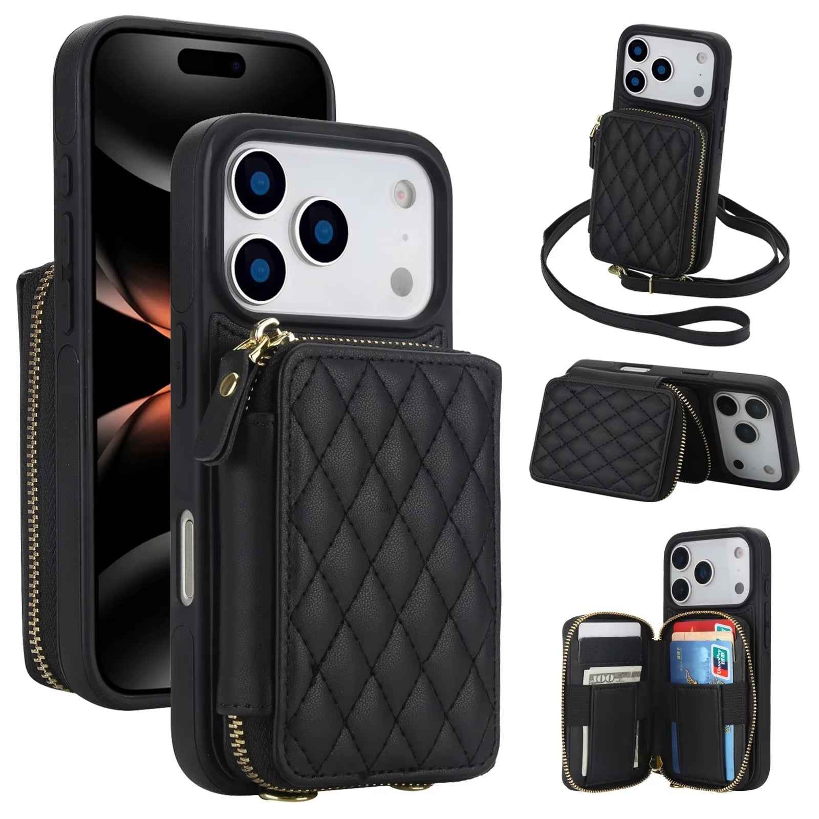 Premium iPhone Case Crossbody Wallet Cover RFID Protection Card Holder Zipper Handbag Kickstand Wrist Strap Lanyard Protective Folio Design