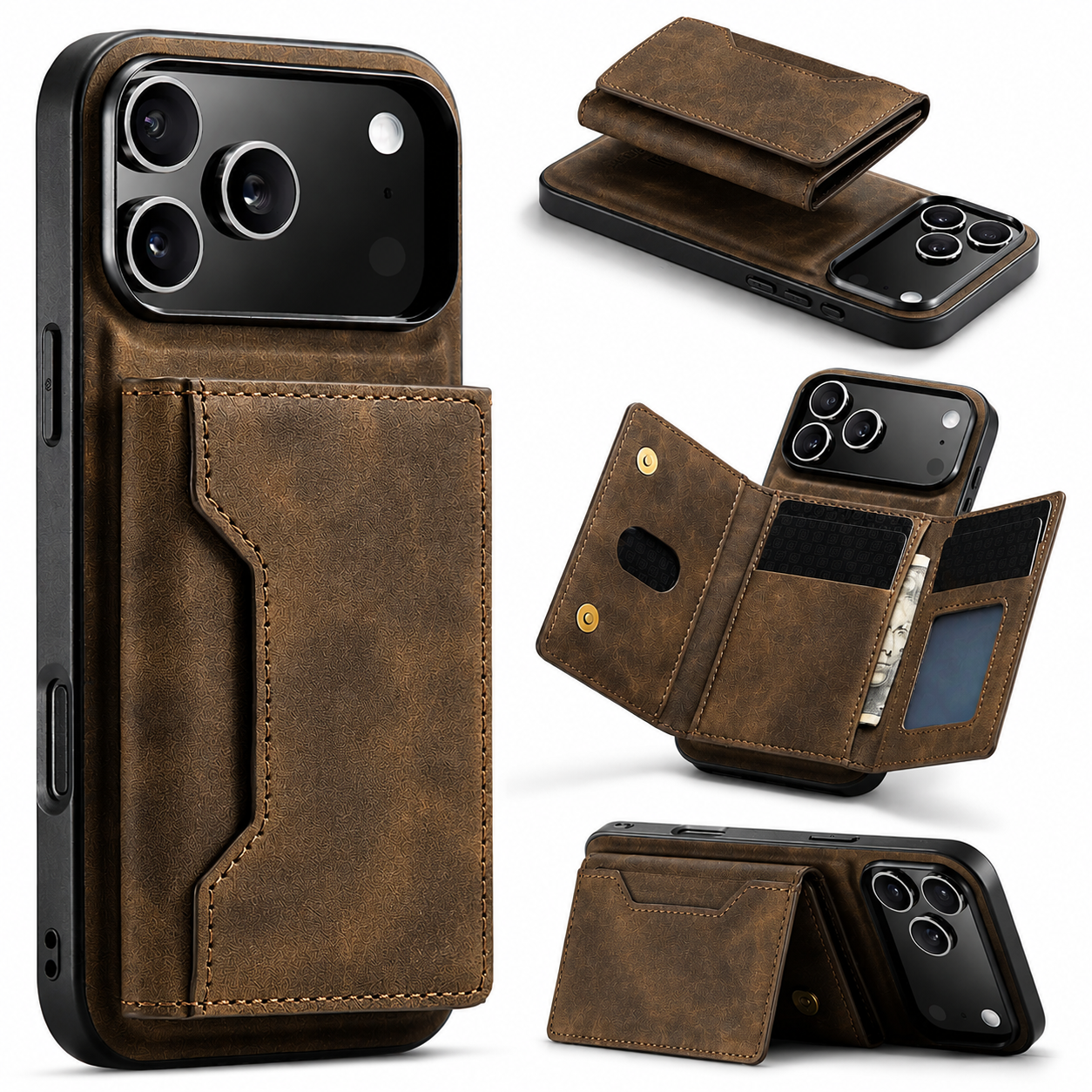 Premium iPhone Case Detachable Magnetic Wallet Cover Card Holder Kickstand Protective Case Full Body Leather Design Anti Fingerprint Everyday Carry