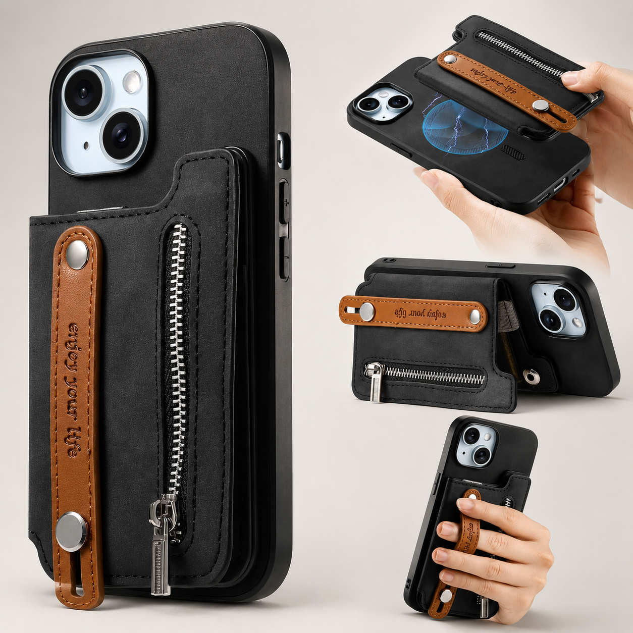 Premium iPhone Case Detachable Zipper Wallet Flip Cover PU Leather Card Holder Magnetic Closure Wrist Strap Shockproof Full Coverage Design