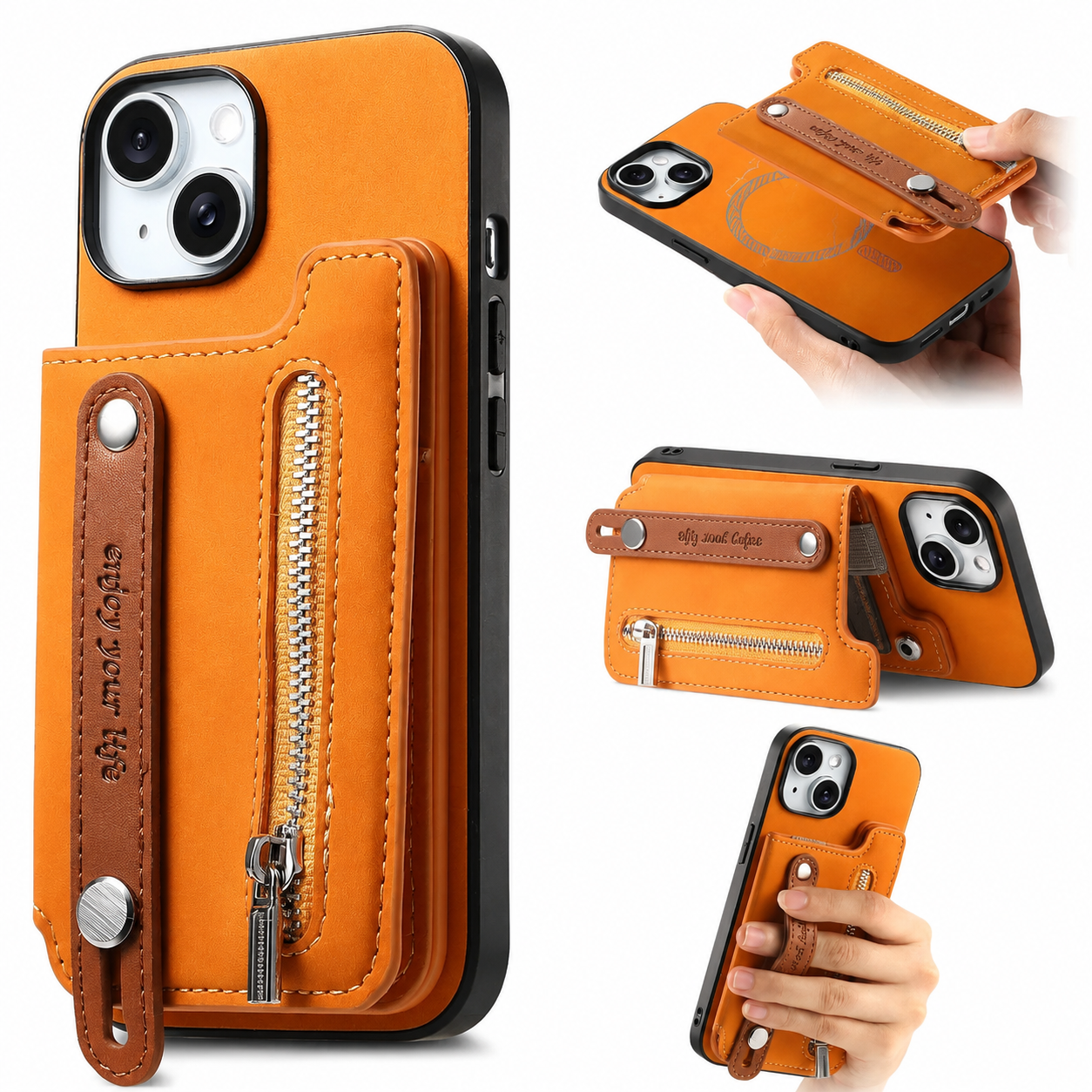 Premium iPhone Case Detachable Zipper Wallet Flip Cover PU Leather Card Holder Magnetic Closure Wrist Strap Shockproof Full Coverage Design