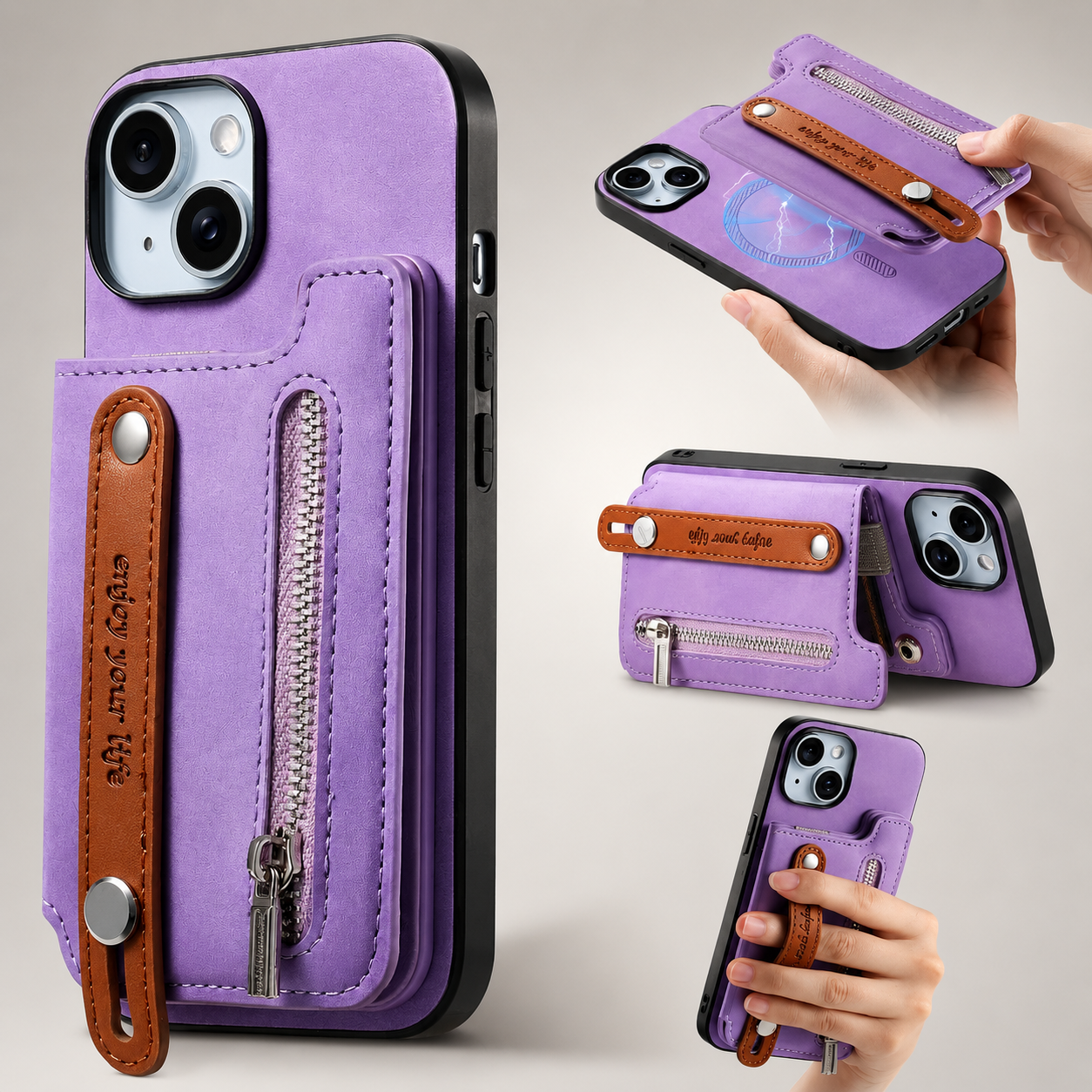 Premium iPhone Case Detachable Zipper Wallet Flip Cover PU Leather Card Holder Magnetic Closure Wrist Strap Shockproof Full Coverage Design