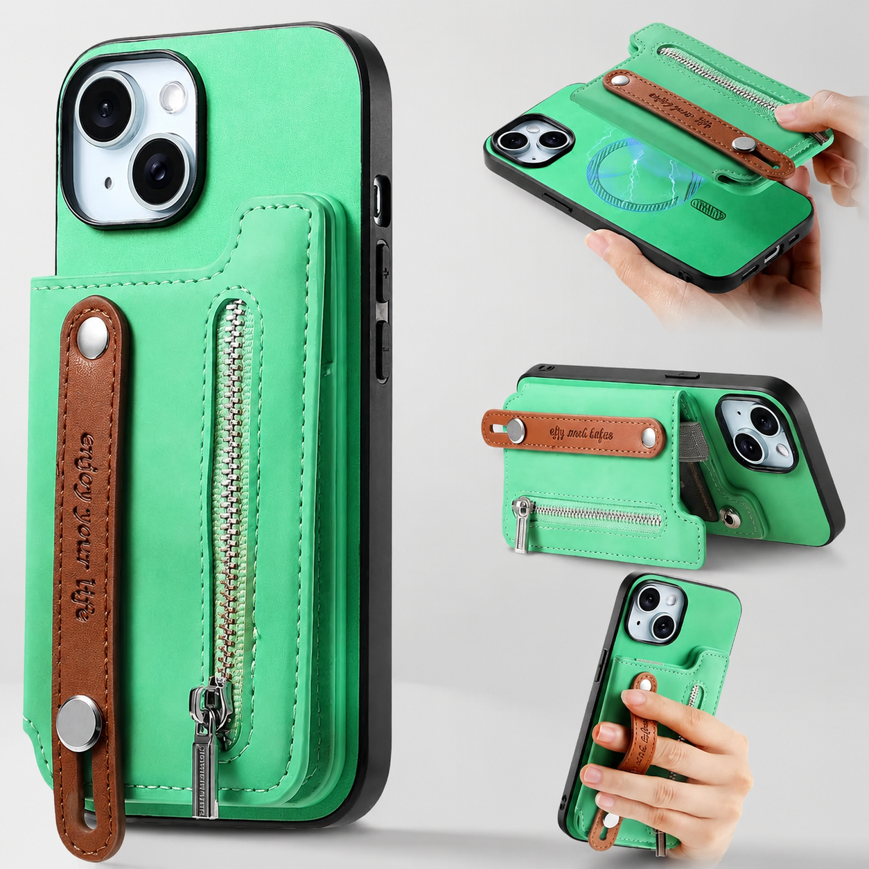 Premium iPhone Case Detachable Zipper Wallet Flip Cover PU Leather Card Holder Magnetic Closure Wrist Strap Shockproof Full Coverage Design