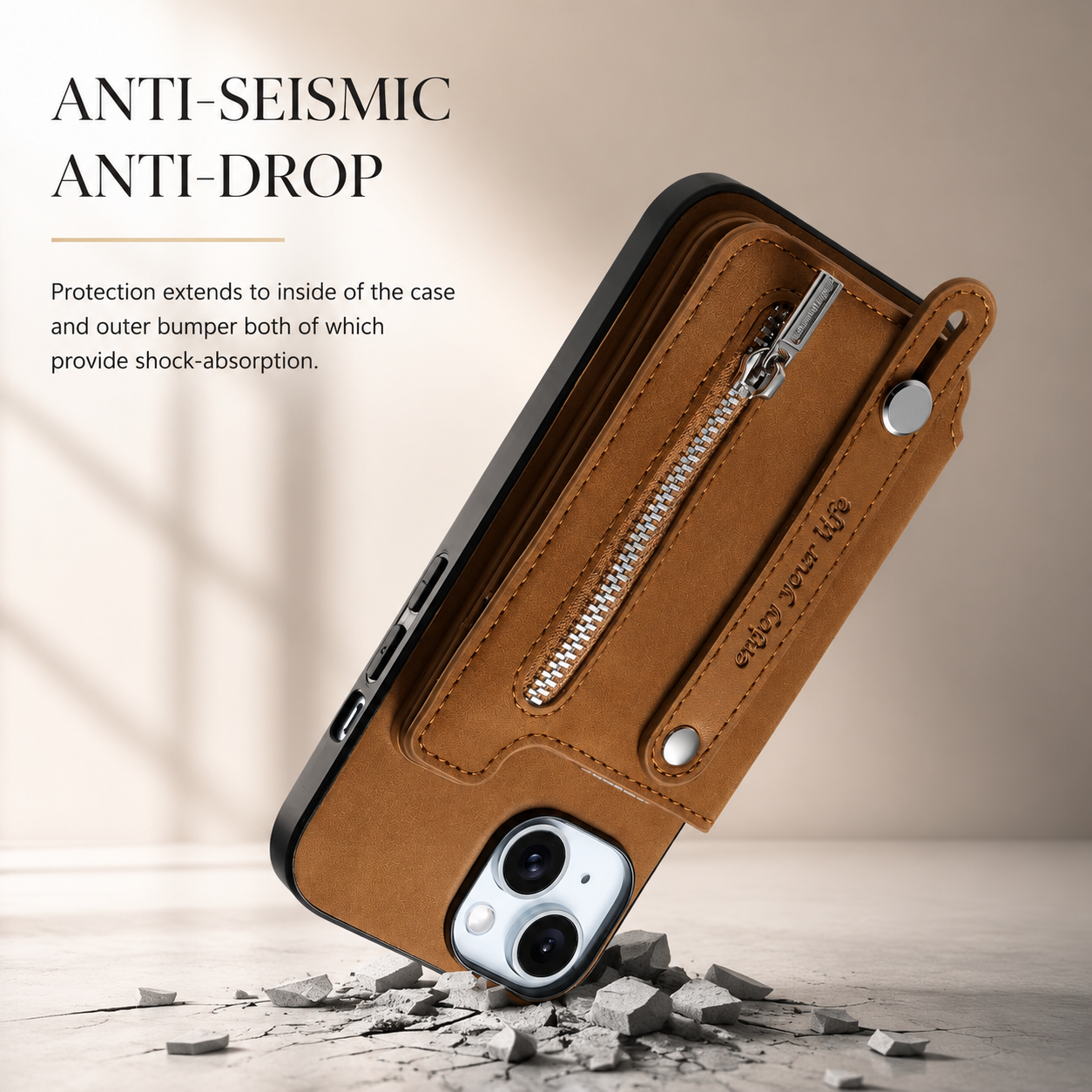 Premium iPhone Case Detachable Zipper Wallet Flip Cover PU Leather Card Holder Magnetic Closure Wrist Strap Shockproof Full Coverage Design