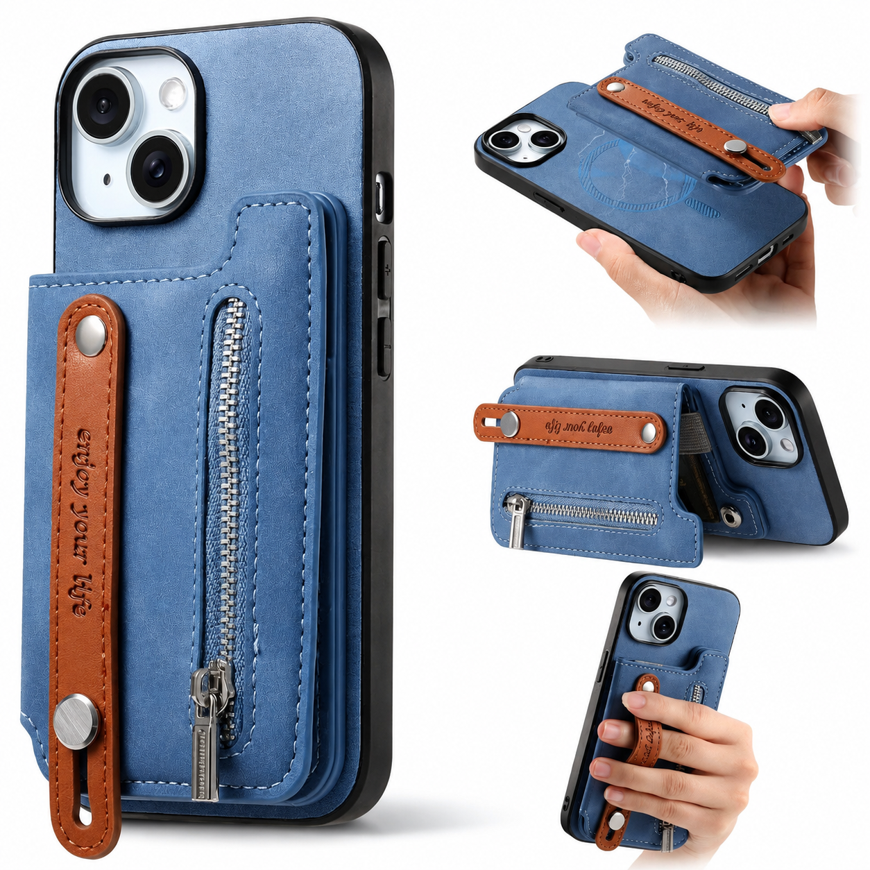 Premium iPhone Case Detachable Zipper Wallet Flip Cover PU Leather Card Holder Magnetic Closure Wrist Strap Shockproof Full Coverage Design
