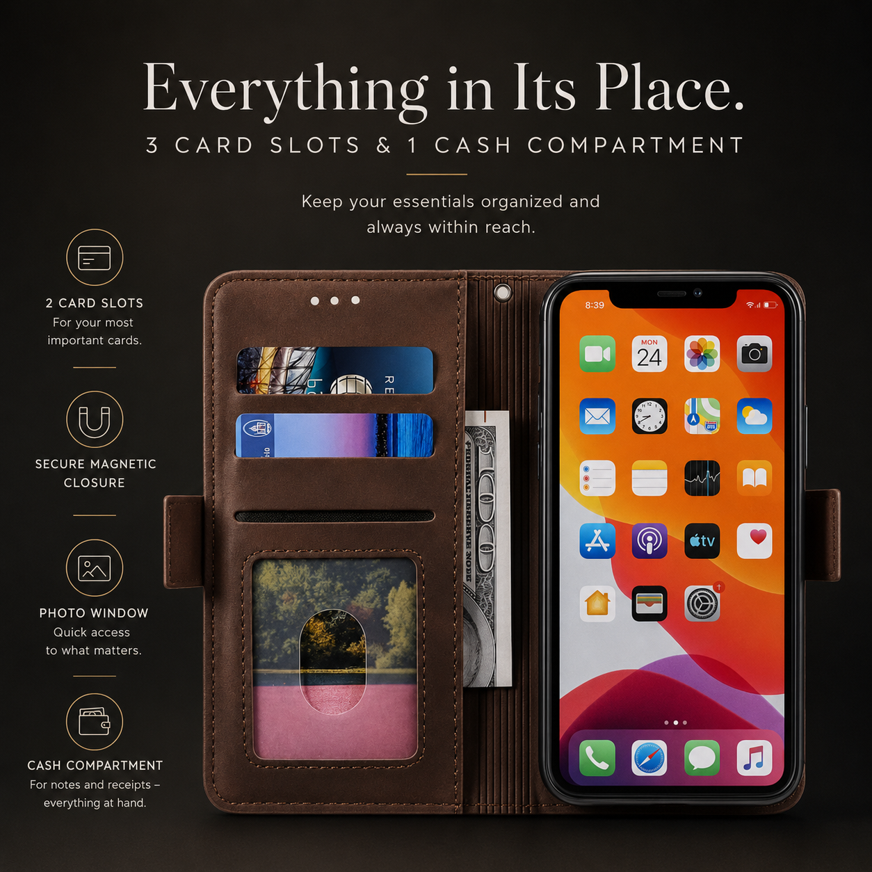 Premium iPhone Case Flip Wallet MagSafe Compatible Genuine Leather Magnetic Closure Card Holder Shockproof Protective Cover Camera Lens Protection Slim Design