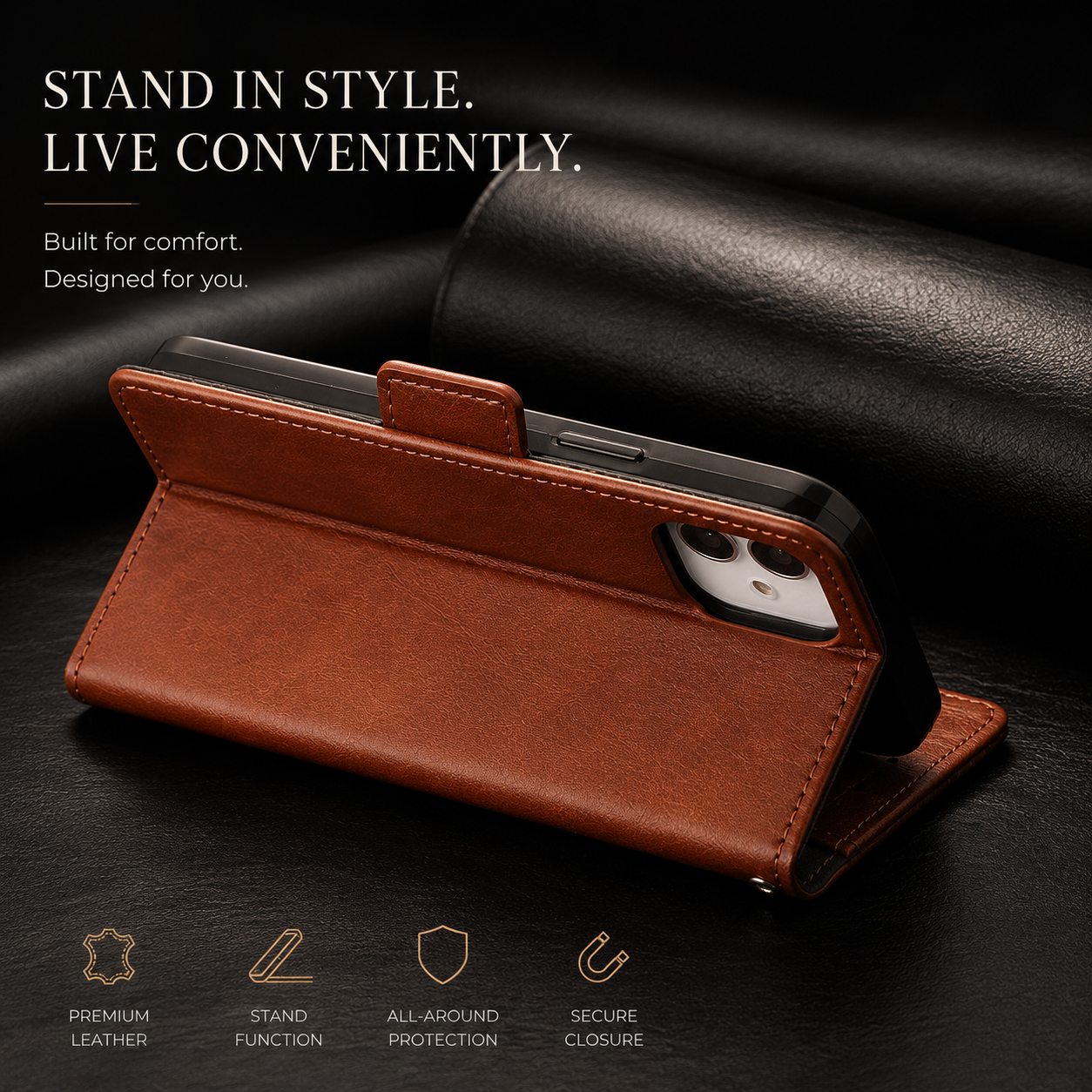 Premium iPhone Case Flip Wallet MagSafe Compatible Genuine Leather Magnetic Closure Card Holder Shockproof Protective Cover Camera Lens Protection Slim Design