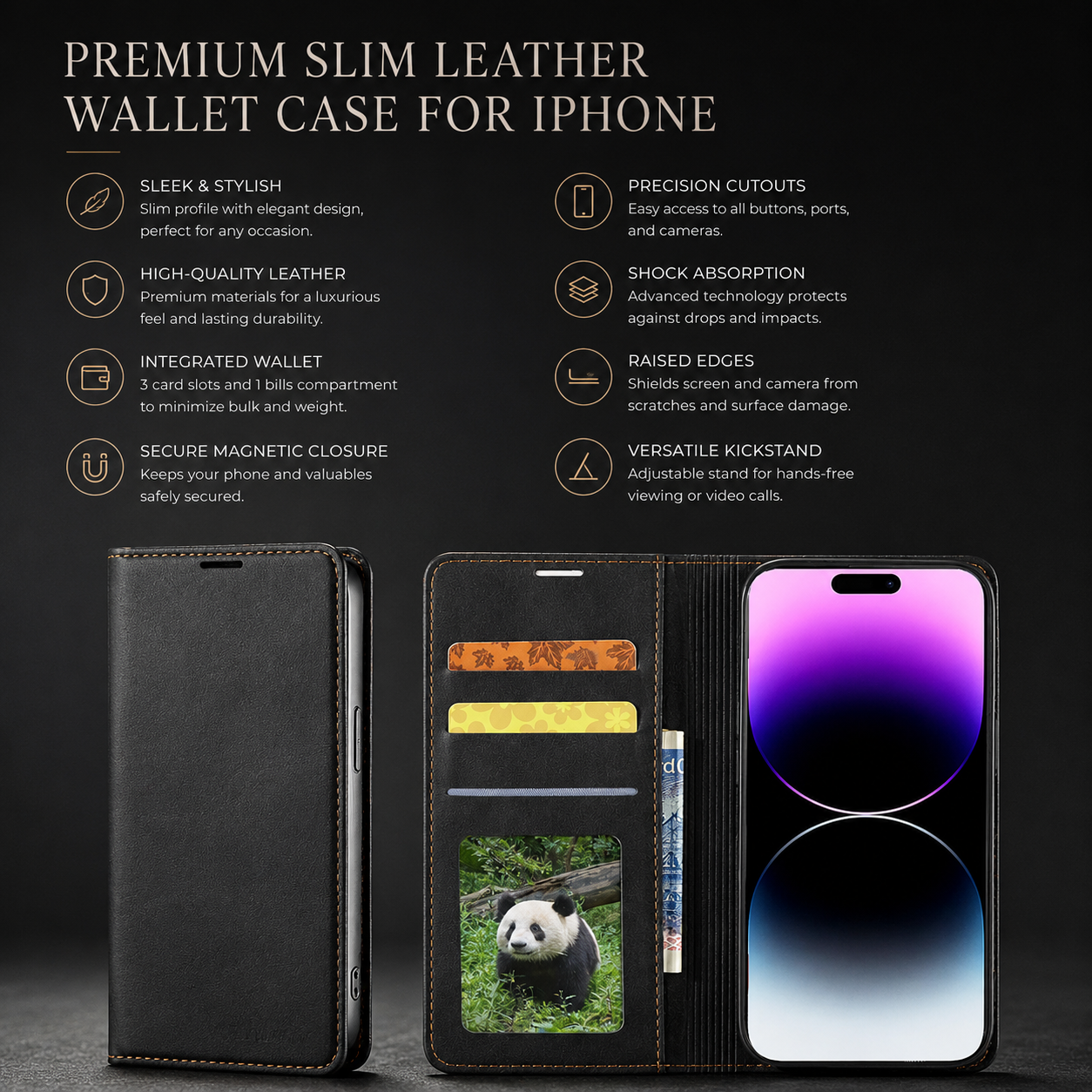 Premium iPhone Case Flip Wallet MagSafe Compatible Leather Card Holder Magnetic Closure Shockproof Protective Cover Camera Lens Protection Stand Function