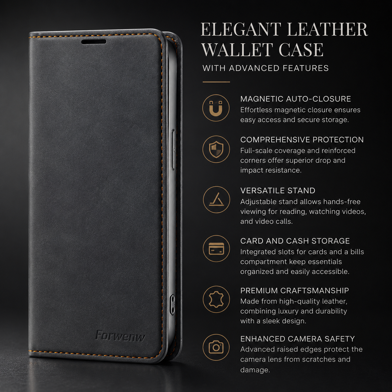 Premium iPhone Case Flip Wallet MagSafe Compatible Leather Card Holder Magnetic Closure Shockproof Protective Cover Camera Lens Protection Stand Function