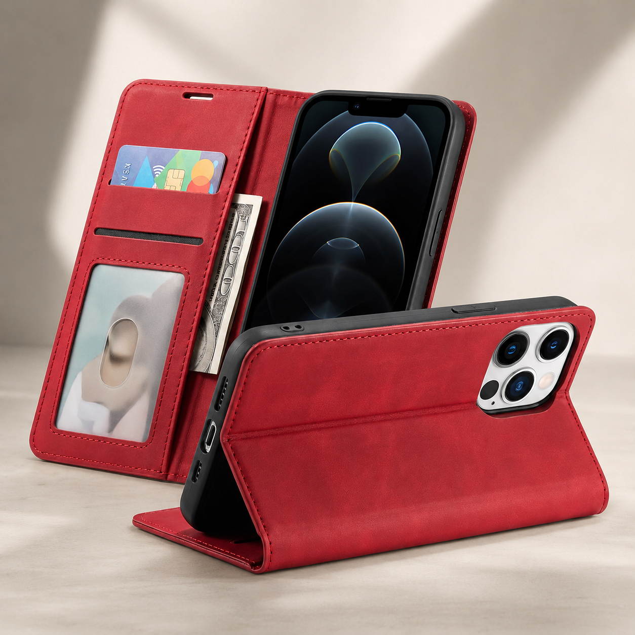 Premium iPhone Case Flip Wallet MagSafe Compatible Leather Card Holder Magnetic Closure Shockproof Protective Cover Camera Lens Protection Stand Function