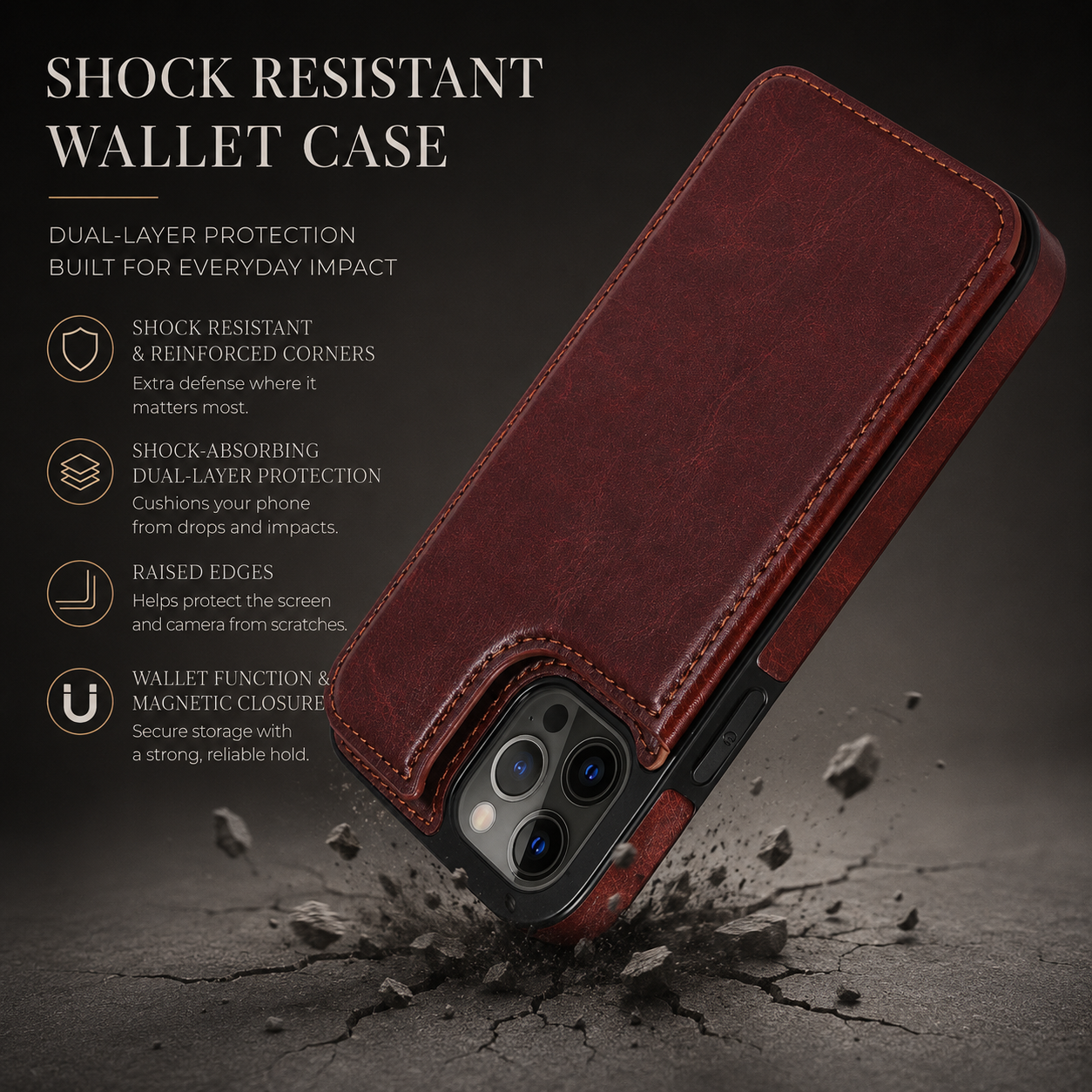 Premium iPhone Case Flip Wallet MagSafe Compatible Leather Card Holder RFID Blocking Magnetic Shockproof Protective Cover Camera Lens Protection Stand Function