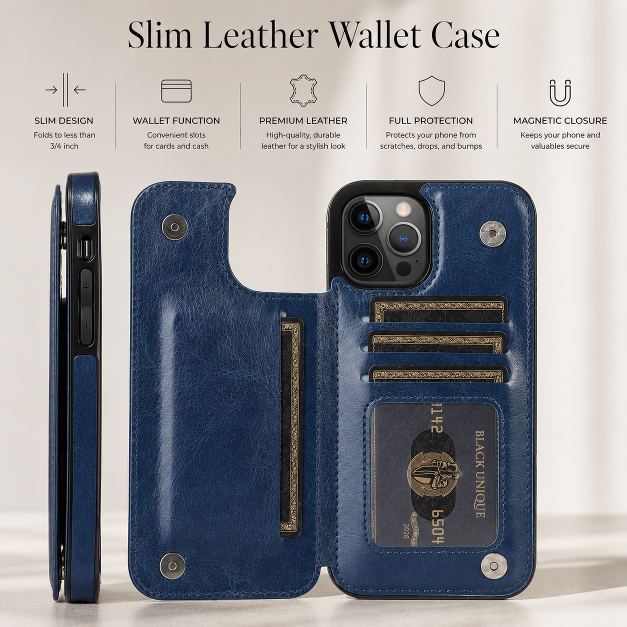 Premium iPhone Case Flip Wallet MagSafe Compatible Leather Card Holder RFID Blocking Magnetic Shockproof Protective Cover Camera Lens Protection Stand Function