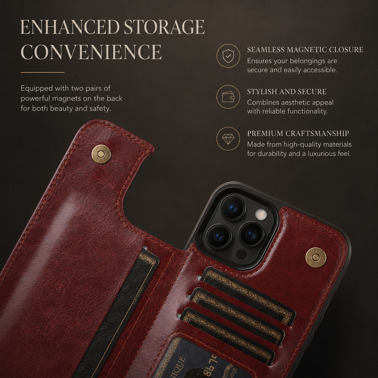 Premium iPhone Case Flip Wallet MagSafe Compatible Leather Card Holder RFID Blocking Magnetic Shockproof Protective Cover Camera Lens Protection Stand Function