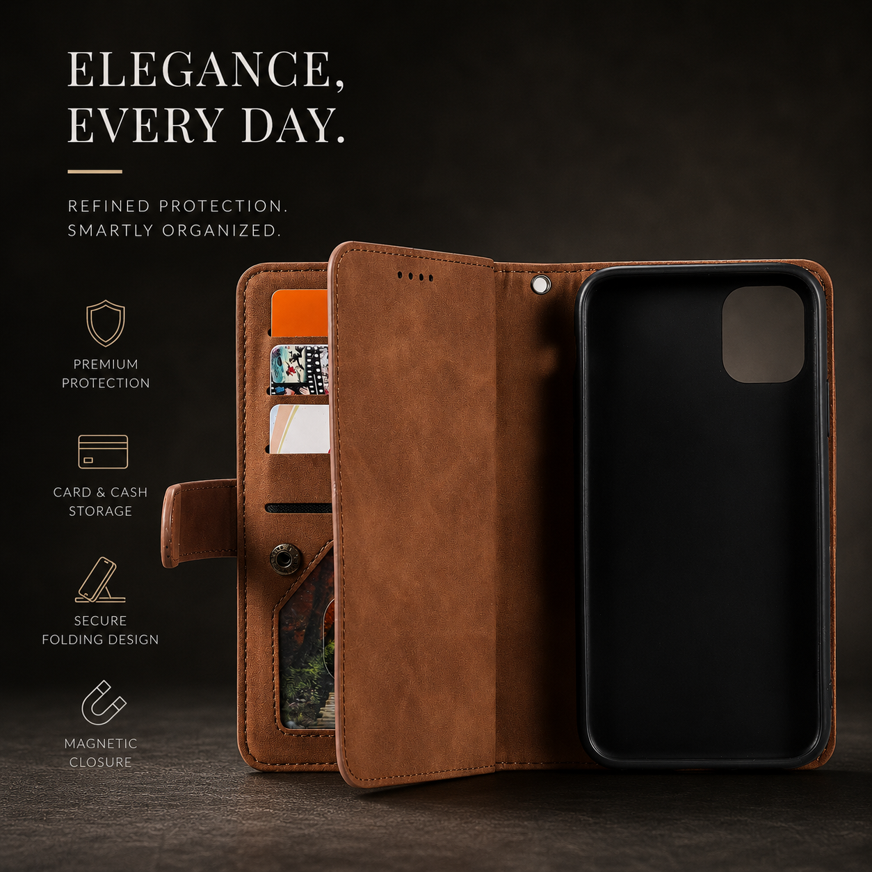 Premium iPhone Case Flip Wallet MagSafe Compatible Leather Zipper Card Holder Protective Cover Shockproof Strap Stand Function Camera Lens Protection