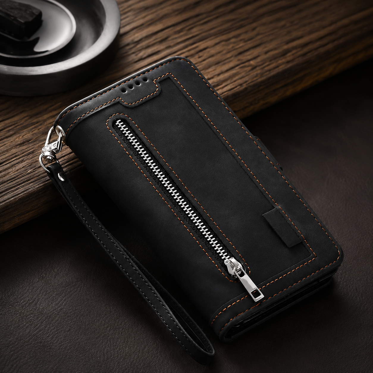 Premium iPhone Case Flip Wallet MagSafe Compatible Leather Zipper Card Holder Protective Cover Shockproof Strap Stand Function Camera Lens Protection