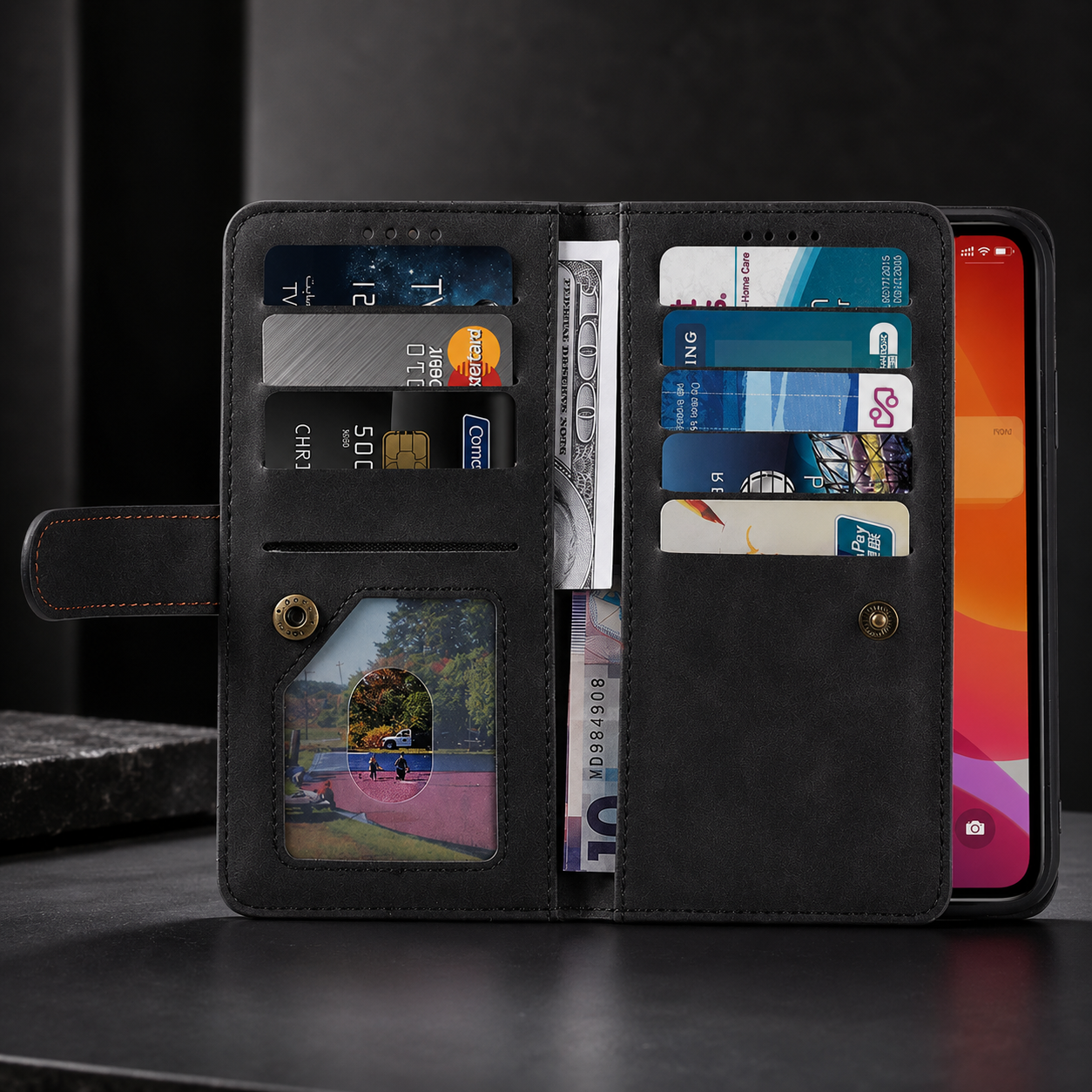Premium iPhone Case Flip Wallet MagSafe Compatible Leather Zipper Card Holder Protective Cover Shockproof Strap Stand Function Camera Lens Protection