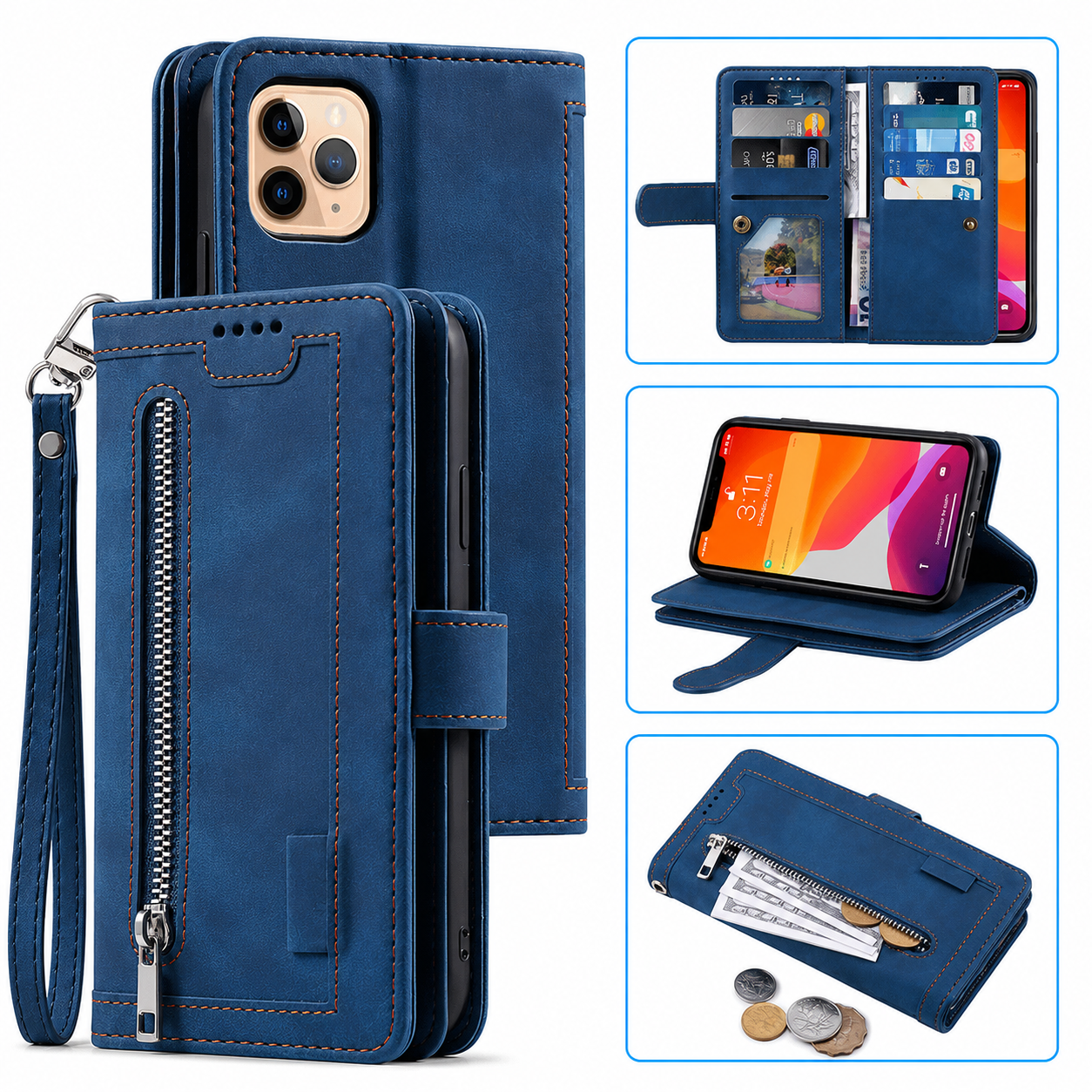 Premium iPhone Case Flip Wallet MagSafe Compatible Leather Zipper Card Holder Protective Cover Shockproof Strap Stand Function Camera Lens Protection