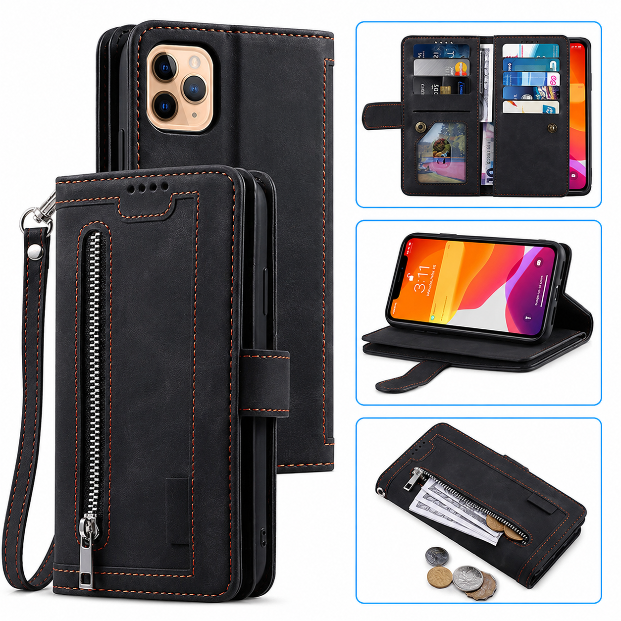Premium iPhone Case Flip Wallet MagSafe Compatible Leather Zipper Card Holder Protective Cover Shockproof Strap Stand Function Camera Lens Protection