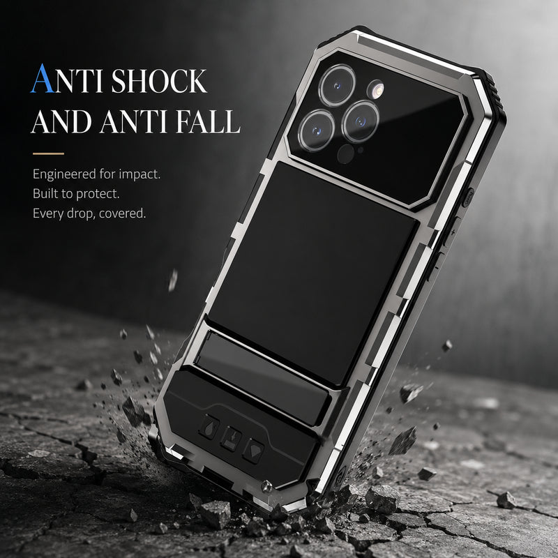 Premium iPhone Case Full Body Aluminum Armor Design with Camera Lens Protection, Built In Screen Guard, Dual Layer Shockproof Structure and Kickstand Function
