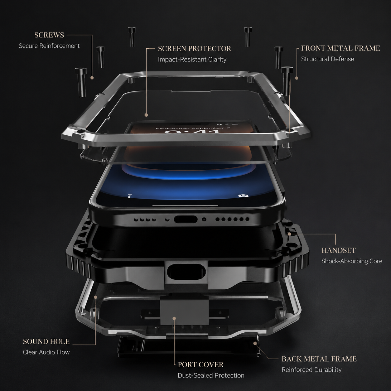 Premium iPhone Case Full Body Aluminum Armor Design with Camera Lens Protection, Built In Screen Guard, Dual Layer Shockproof Structure and Kickstand Function