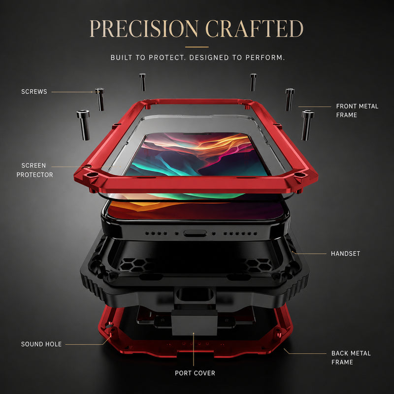 Premium iPhone Case Full Body Aluminum Armor Design with Camera Lens Protection, Built In Screen Guard, Dual Layer Shockproof Structure and Kickstand Function