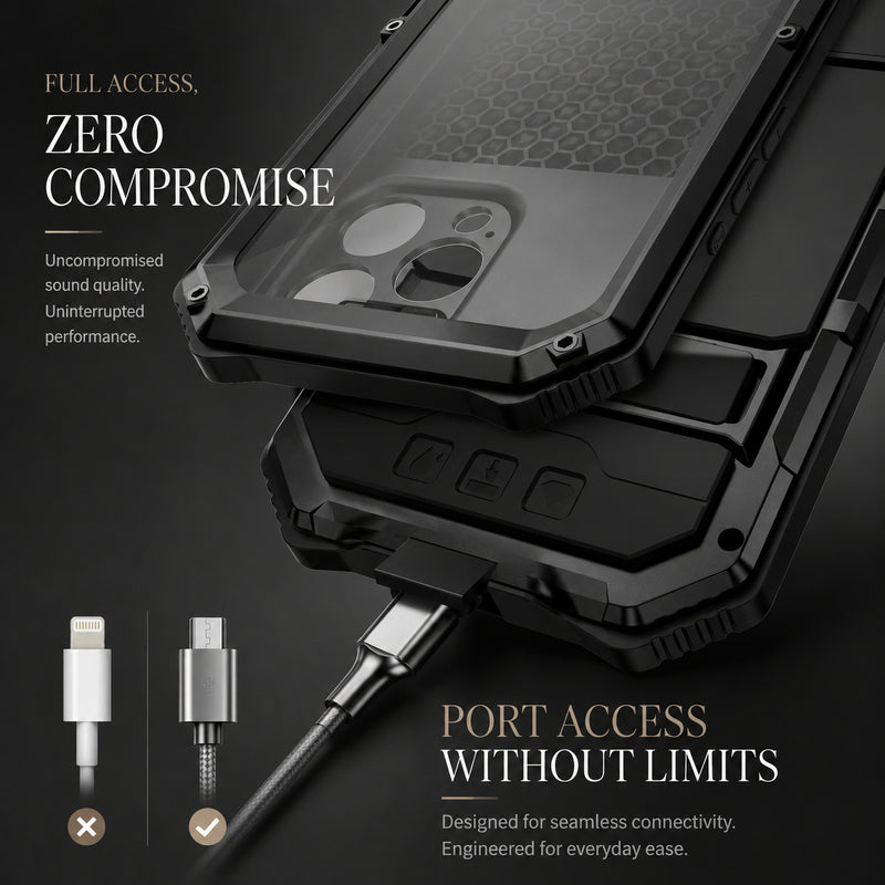 Premium iPhone Case Full Body Aluminum Armor Design with Camera Lens Protection, Built In Screen Guard, Dual Layer Shockproof Structure and Kickstand Function