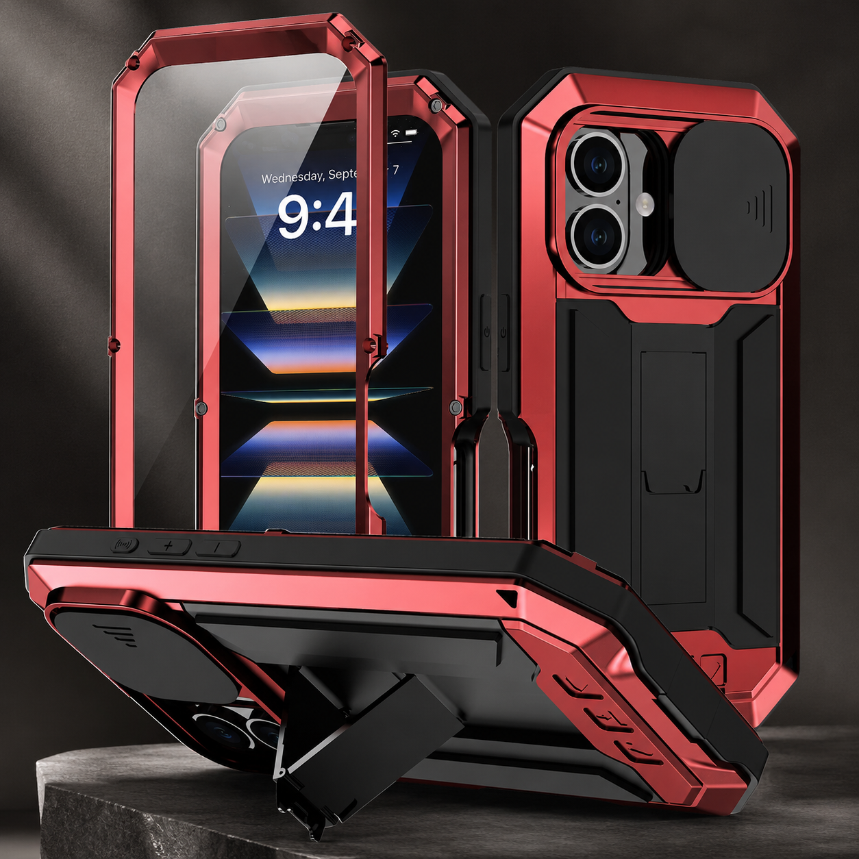 Premium iPhone Case Full Body Aluminum Armor Design with Camera Lens Protection, Built In Screen Guard, Heavy Duty Shockproof Construction and Secure Grip