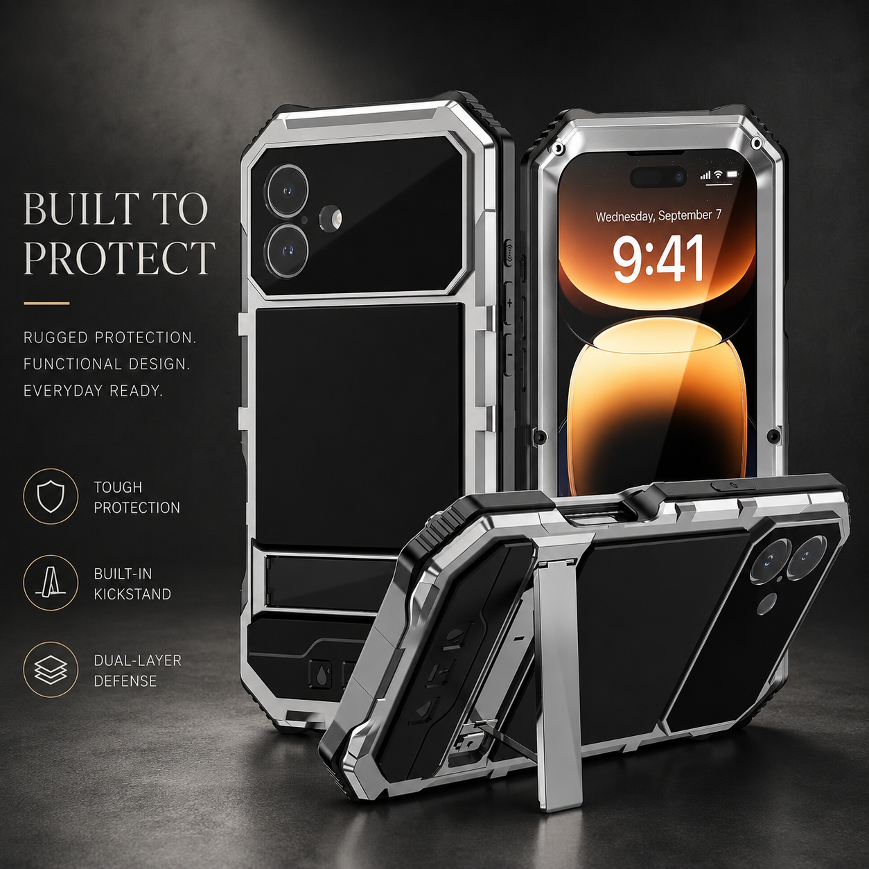 Premium iPhone Case Full Body Aluminum Armor Design with Camera Lens Protection, Built In Screen Guard, Heavy Duty Shockproof Construction and Secure Grip