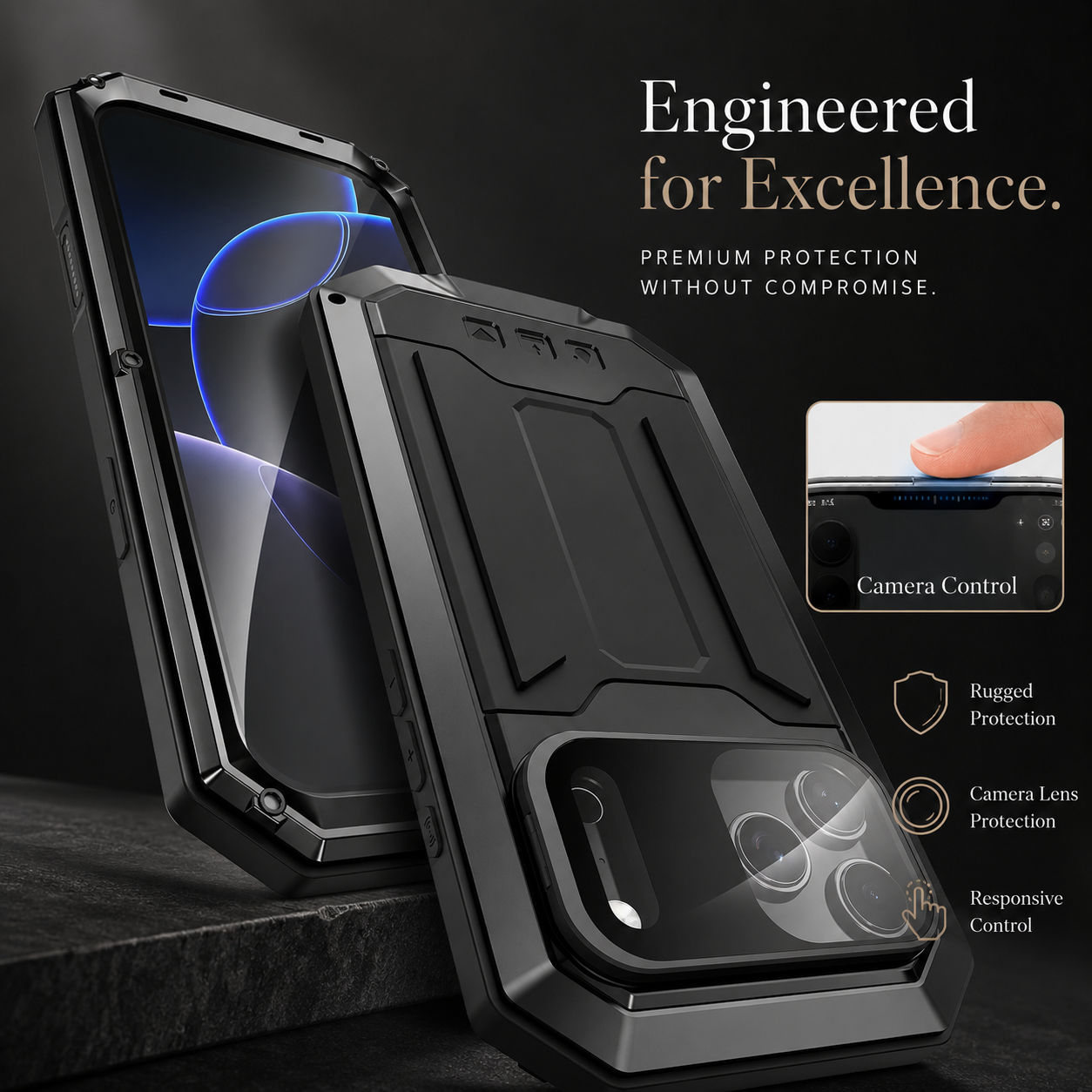 Premium iPhone Case Full Body Aluminum Design with Camera Lens Protection, Built In Screen Guard, Dual Layer Shockproof Structure and Kickstand Function