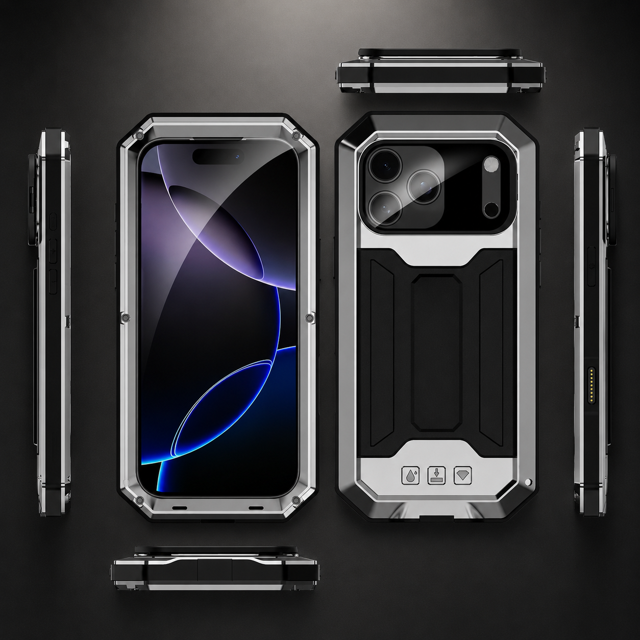 Premium iPhone Case Full Body Aluminum Design with Camera Lens Protection, Built In Screen Guard, Dual Layer Shockproof Structure and Kickstand Function