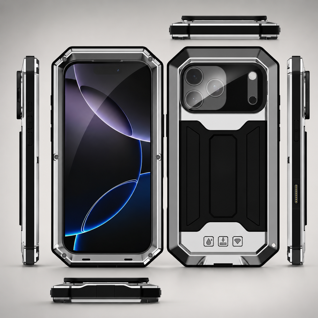 Premium iPhone Case Full Body Aluminum Design with Camera Lens Protection, Built In Screen Guard, Dual Layer Shockproof Structure and Kickstand Function