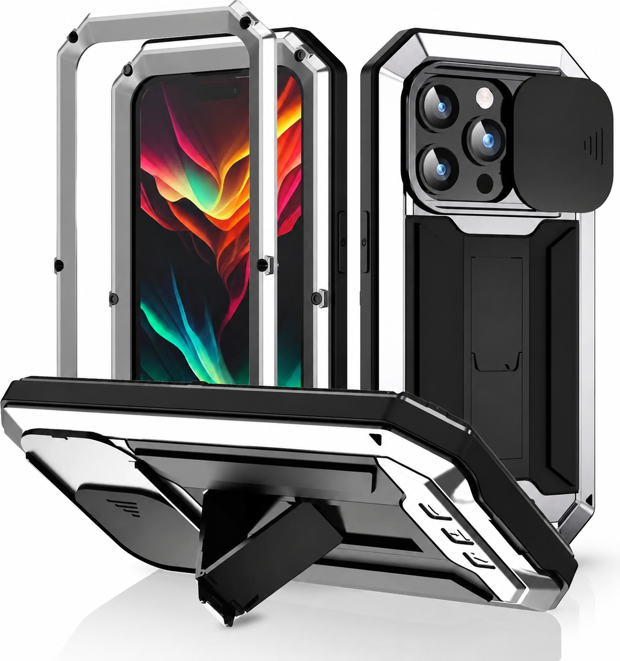 Premium iPhone Case Full Body Aluminum Metal Armor with Camera Lens Protection, Built In Screen Guard, Shockproof Dustproof Structure and Secure Grip