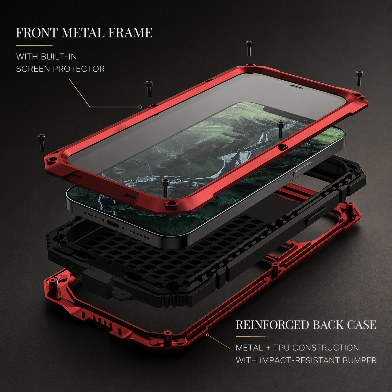 Premium iPhone Case Full Body Aluminum Metal Armor with Tempered Glass, Shockproof IP54 Water Resistant Design, Military Grade Durability and Kickstand