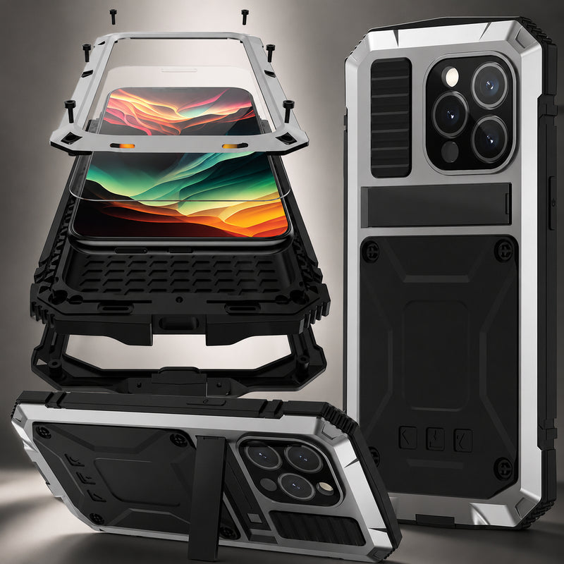 Premium iPhone Case Full Body Aluminum Metal Design with Camera Lens Protection, Built In Screen Guard, Shockproof Dustproof Structure and Secure Grip