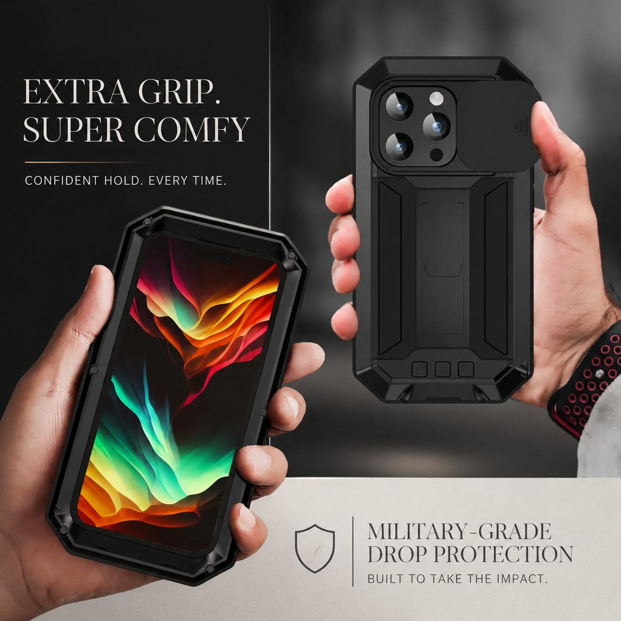 Premium iPhone Case Full Body Military Design with Camera Lens Protection, Shockproof Metal and Silicone Construction, Kickstand, Built In Screen Guard