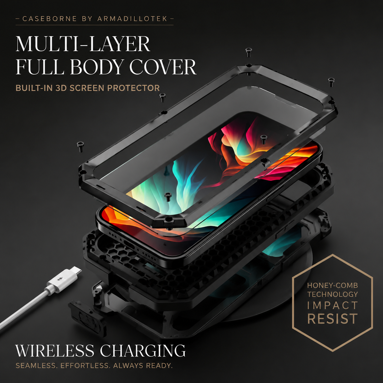 Premium iPhone Case Full Body Military Design with Camera Lens Protection, Shockproof Metal and Silicone Construction, Kickstand, Built In Screen Guard