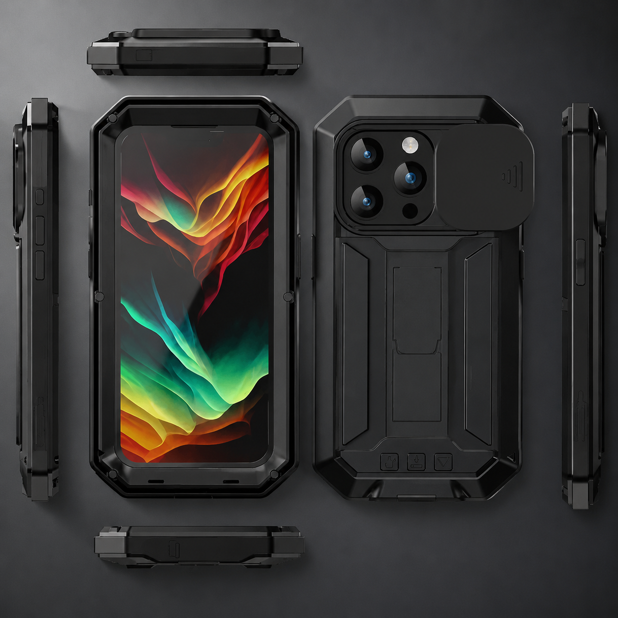 Premium iPhone Case Full Body Military Design with Camera Lens Protection, Shockproof Metal and Silicone Construction, Kickstand, Built In Screen Guard