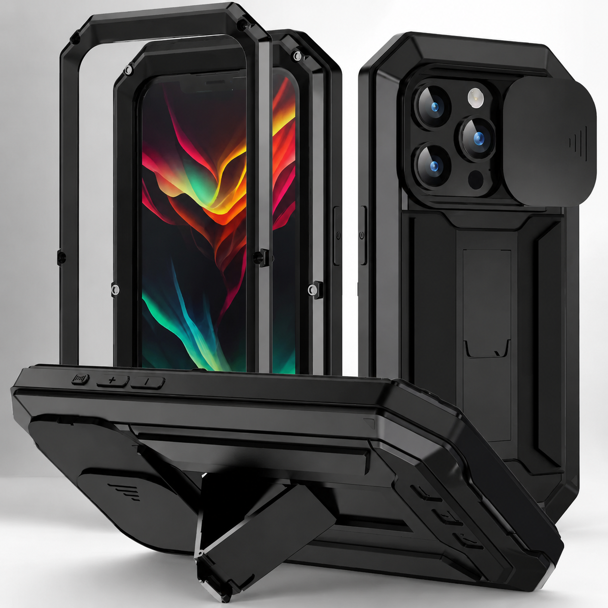 Premium iPhone Case Full Body Military Design with Camera Lens Protection, Shockproof Metal and Silicone Construction, Kickstand, Built In Screen Guard