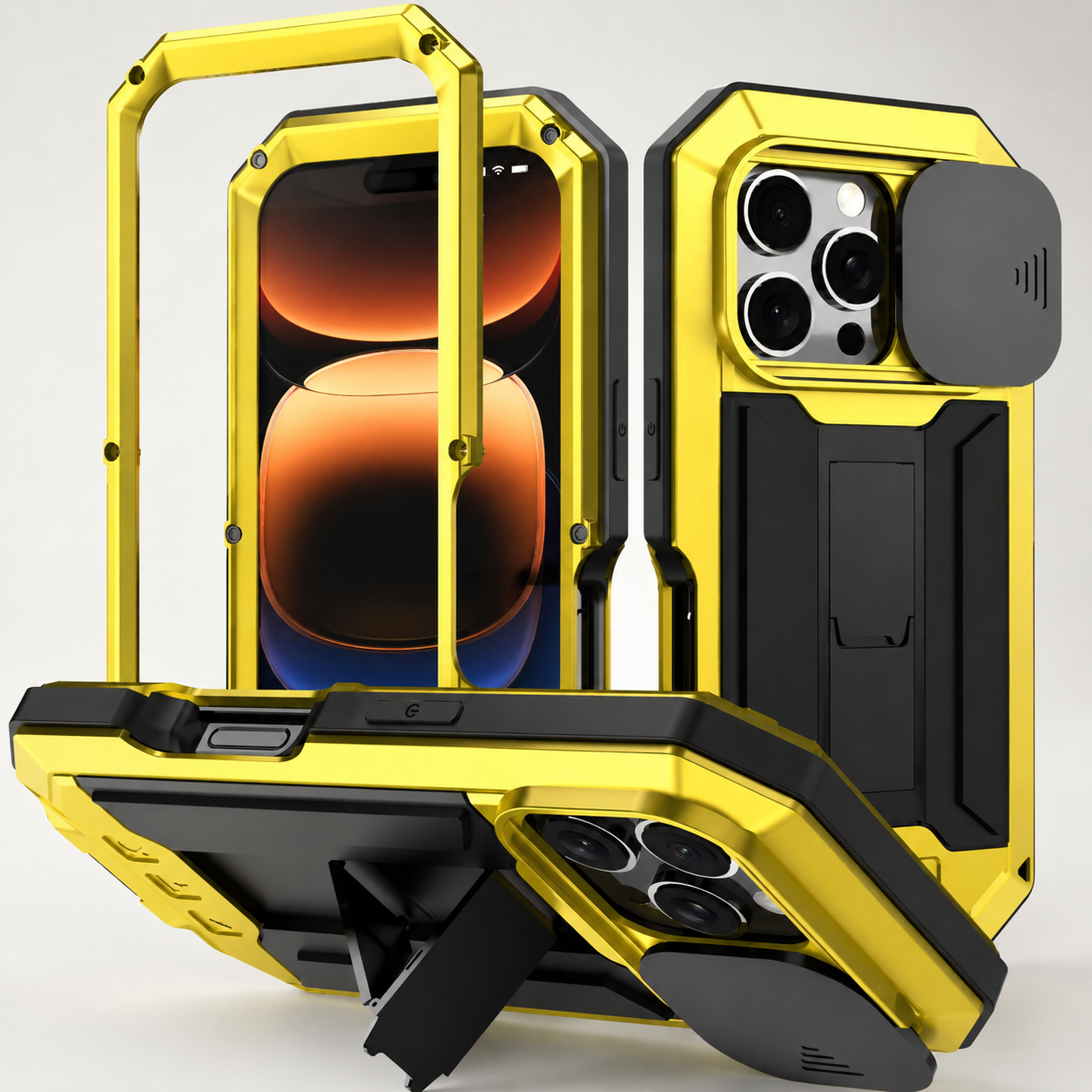 Premium iPhone Case Full Body Military Design with Camera Lens Protection, Shockproof Metal and Silicone Construction, Kickstand, Built In Screen Guard