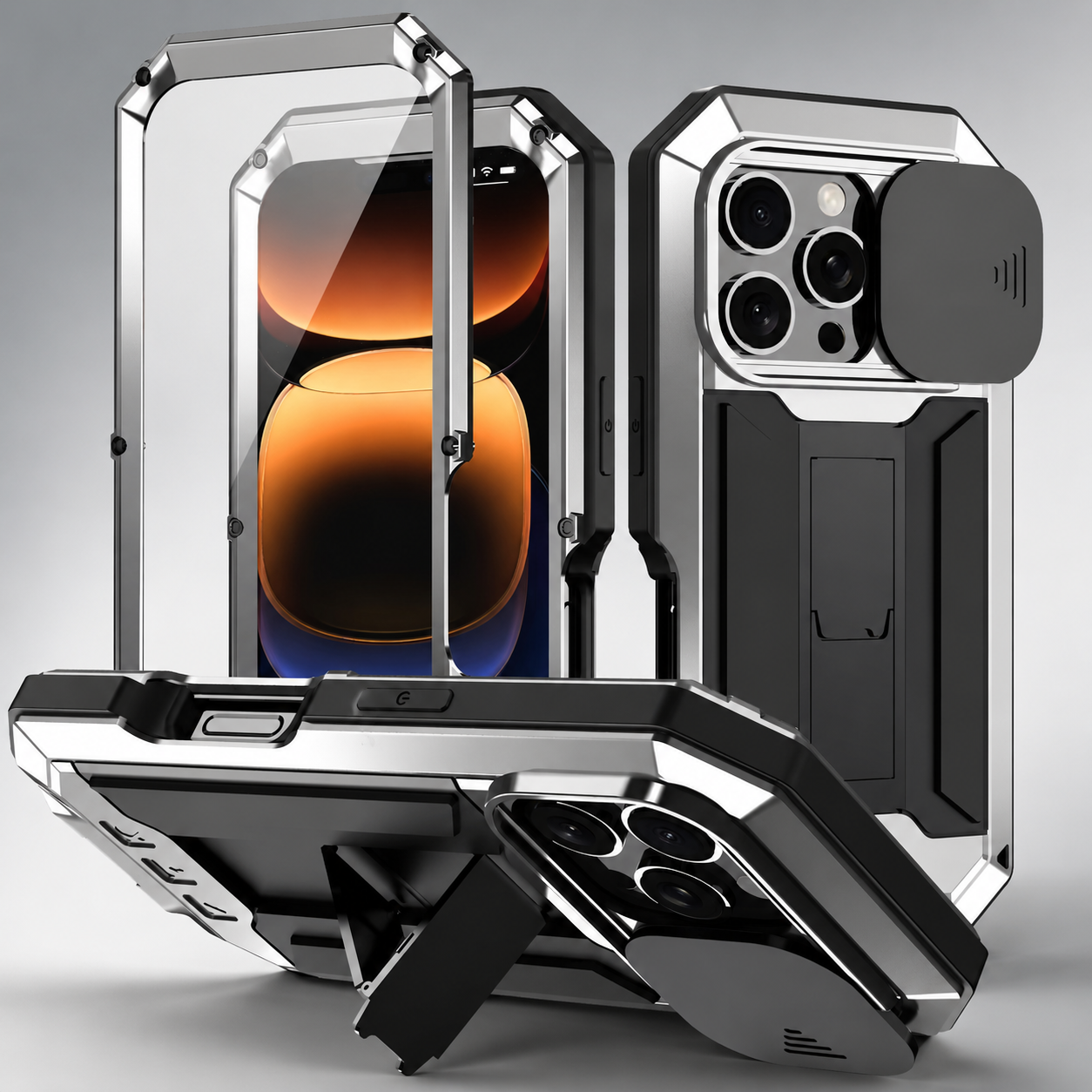 Premium iPhone Case Full Body Military Design with Camera Lens Protection, Shockproof Metal and Silicone Construction, Kickstand, Built In Screen Guard