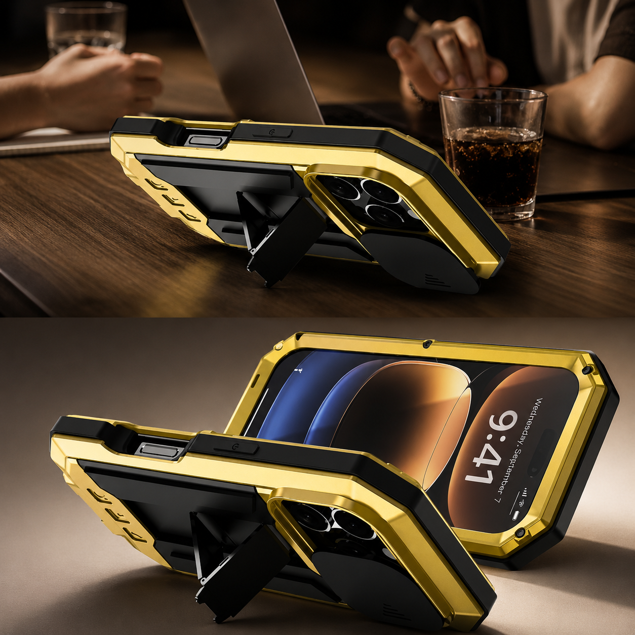 Premium iPhone Case Full Body Military Design with Camera Lens Protection, Shockproof Metal and Silicone Construction, Kickstand, Built In Screen Guard