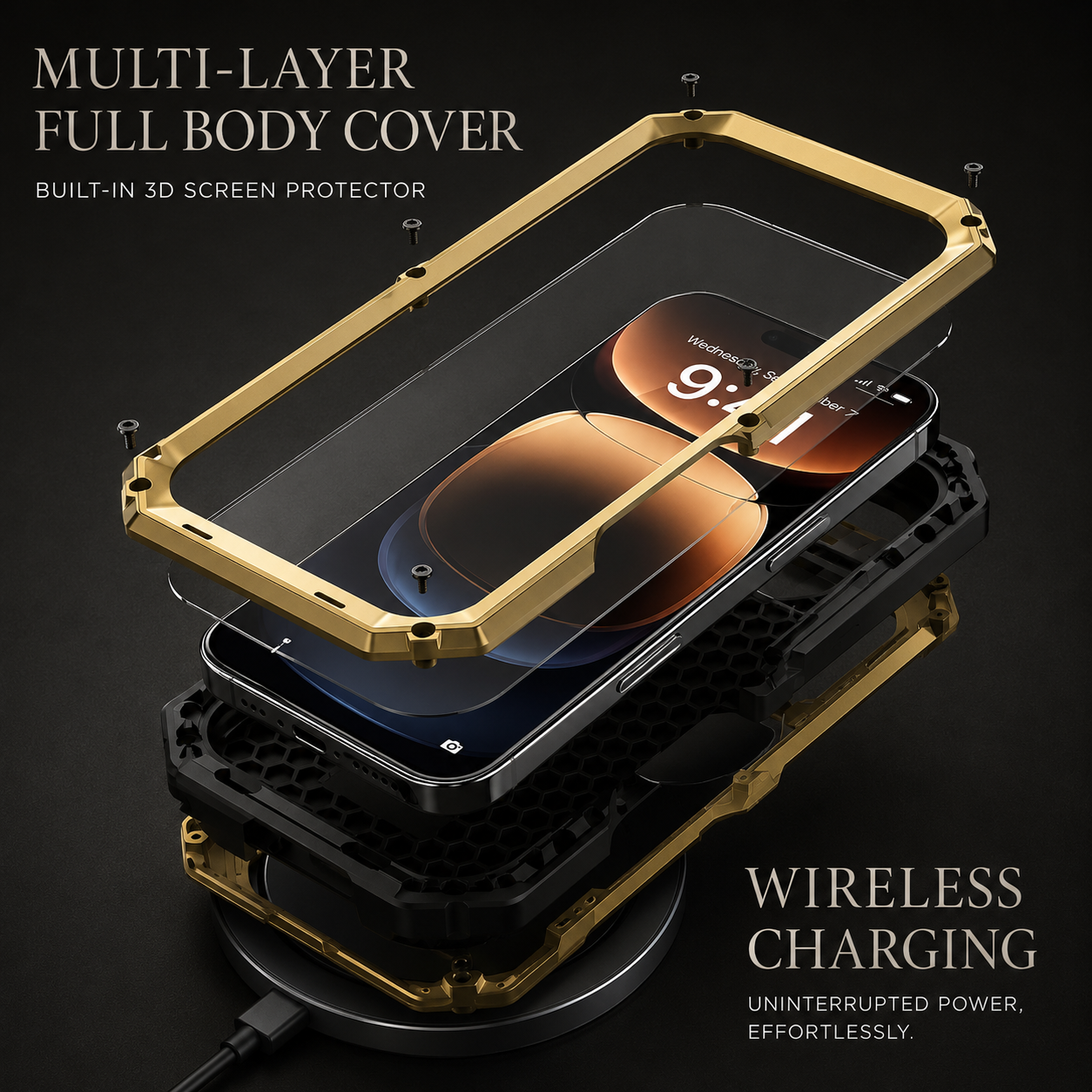 Premium iPhone Case Full Body Military Design with Camera Lens Protection, Shockproof Metal and Silicone Construction, Kickstand, Built In Screen Guard