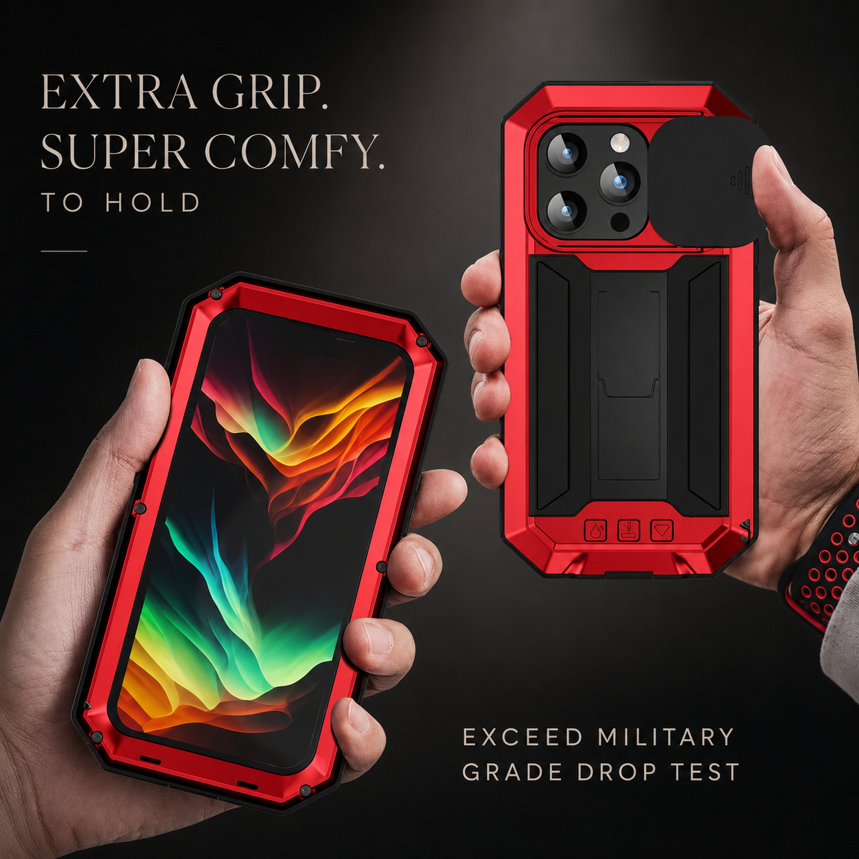 Premium iPhone Case Full Body Military Design with Camera Lens Protection, Shockproof Metal and Silicone Construction, Kickstand, Built In Screen Guard