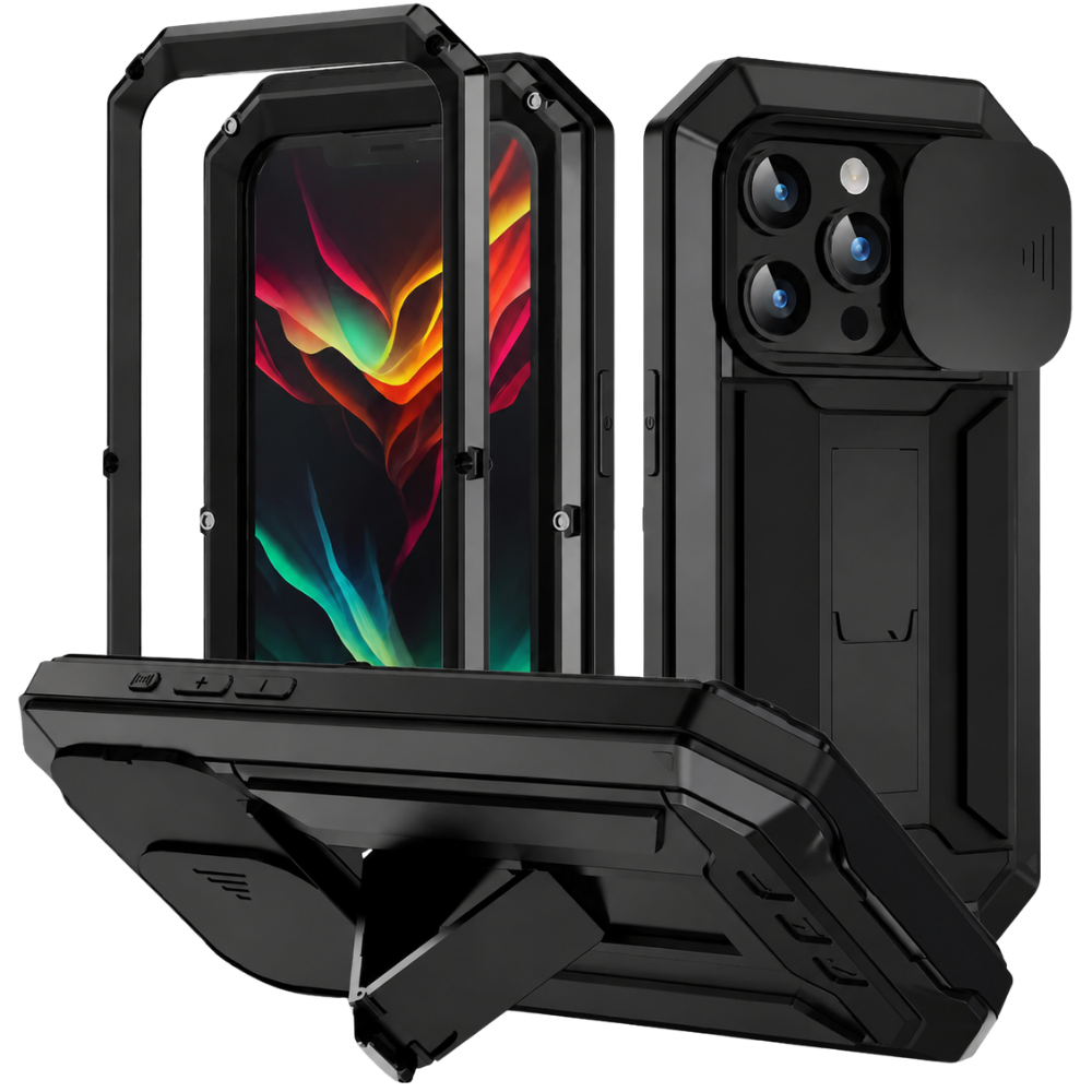 Premium iPhone Case Full Body Military Design with Camera Lens Protection, Shockproof Metal and Silicone Construction, Kickstand, Built In Screen Guard