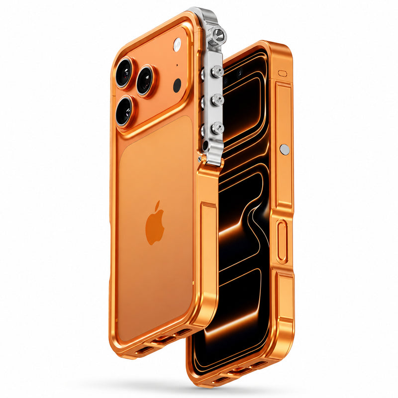Premium iPhone Case Full Metal Mechanical Mecha Design with Camera Lens Protection, Shockproof Aluminum Construction, Lightweight Lanyard Support