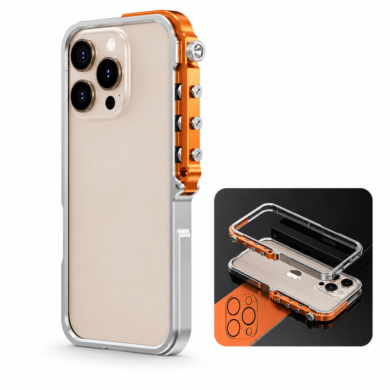 Premium iPhone Case Full Metal Mechanical Mecha Design with Camera Lens Protection, Shockproof Aluminum Construction, Lightweight Lanyard Support