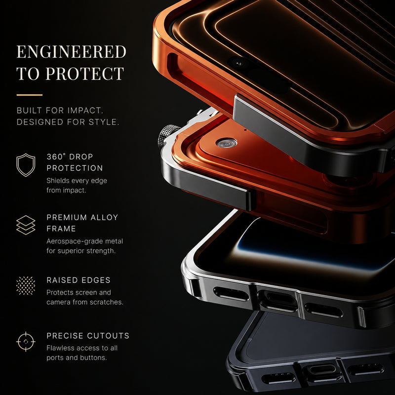 Premium iPhone Case Full Metal Mechanical Mecha Design with Camera Lens Protection, Shockproof Aluminum Construction, Lightweight Lanyard Support