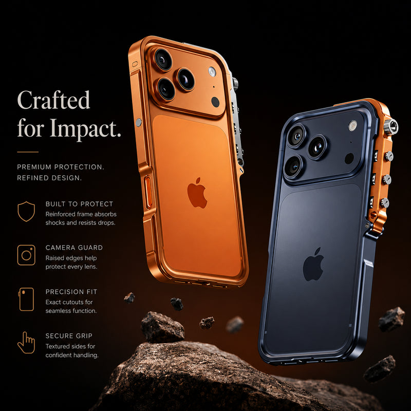 Premium iPhone Case Full Metal Mechanical Mecha Design with Camera Lens Protection, Shockproof Aluminum Construction, Lightweight Lanyard Support
