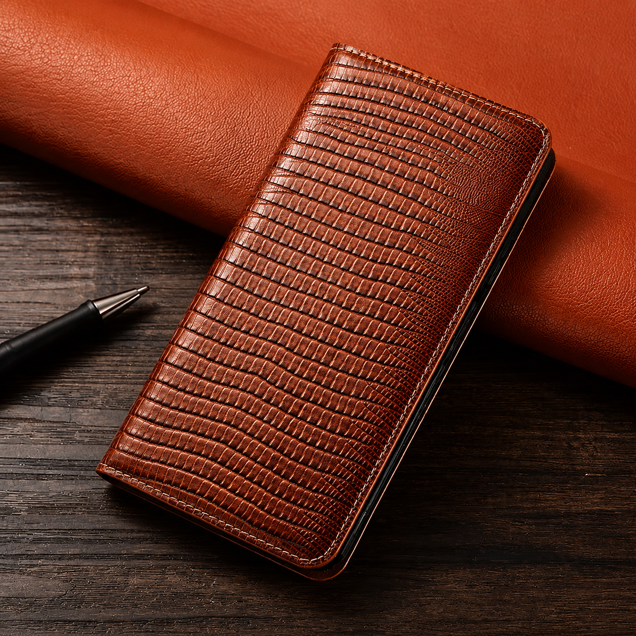 Premium iPhone Case Genuine Cowhide Leather Flip Cover Crocodile Grain Wallet Card Holder Magnetic Closure Shockproof Stand Function Business Style