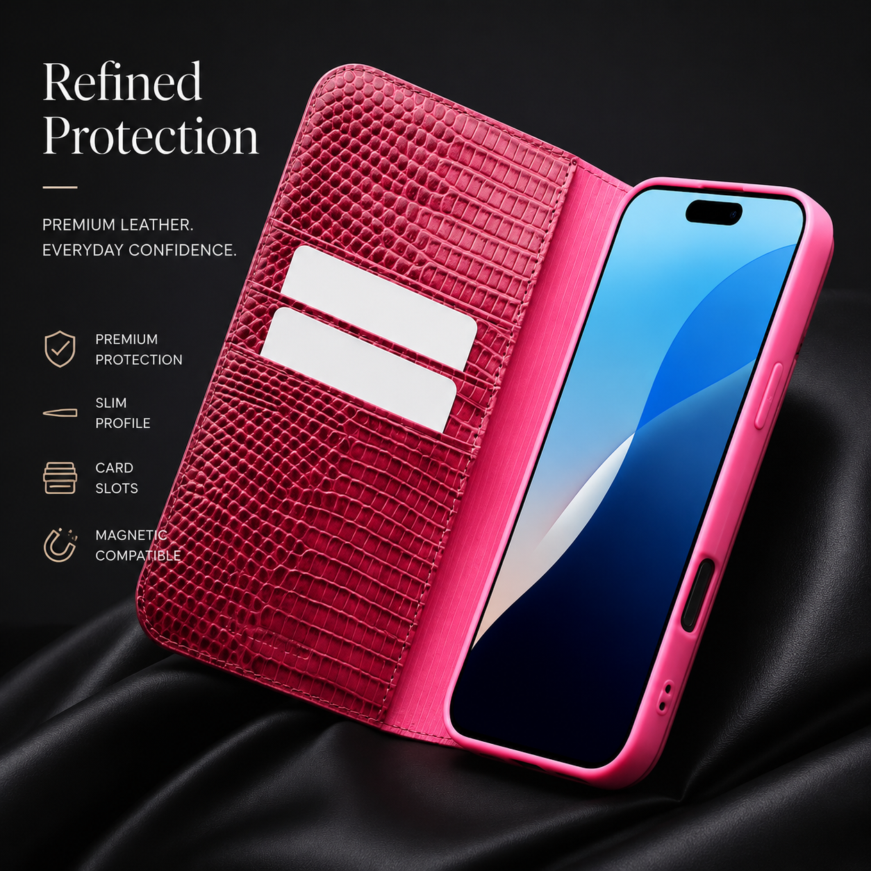 Premium iPhone Case Genuine Cowhide Leather Flip Cover Crocodile Grain Wallet Card Holder Magnetic Closure Shockproof Stand Function Business Style